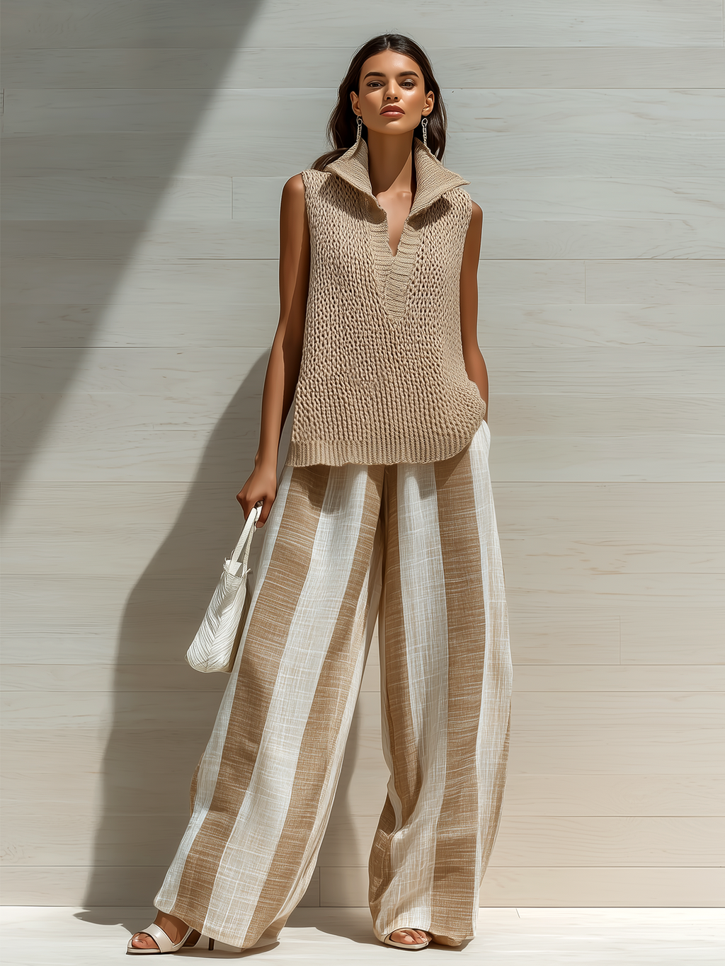 Chic Casual Camel Stand Collar V-Neck Sleeveless Loose Knit Vest Striped Wide-Leg Cotton Linen Two-Piece Set