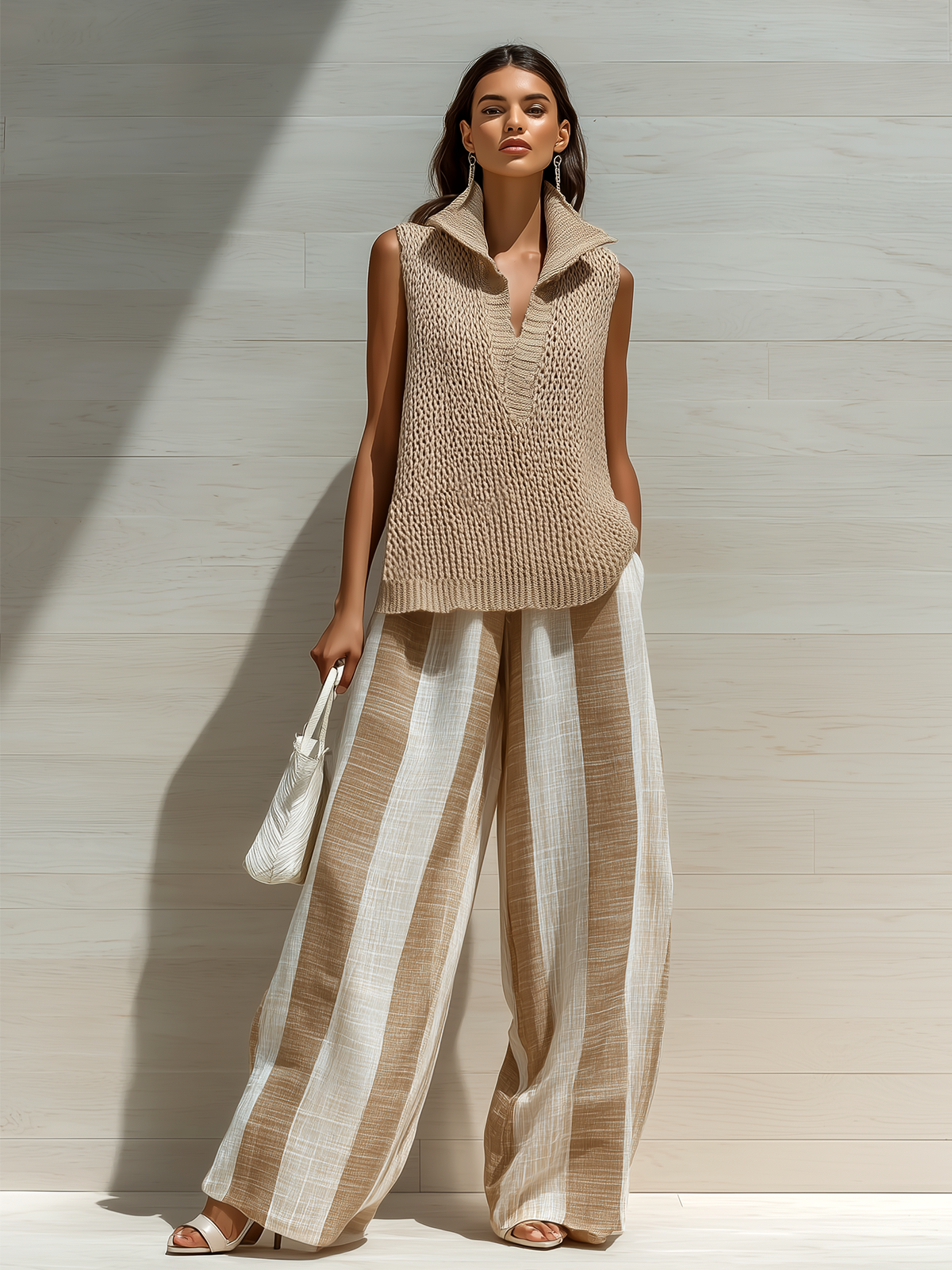 Chic Casual Camel Stand Collar V-Neck Sleeveless Loose Knit Vest Striped Wide-Leg Cotton Linen Two-Piece Set