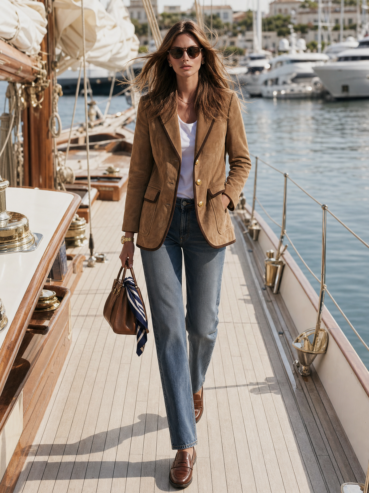Retro-style Color-blocked Trim Multi-pocket Faux Suede Blazer