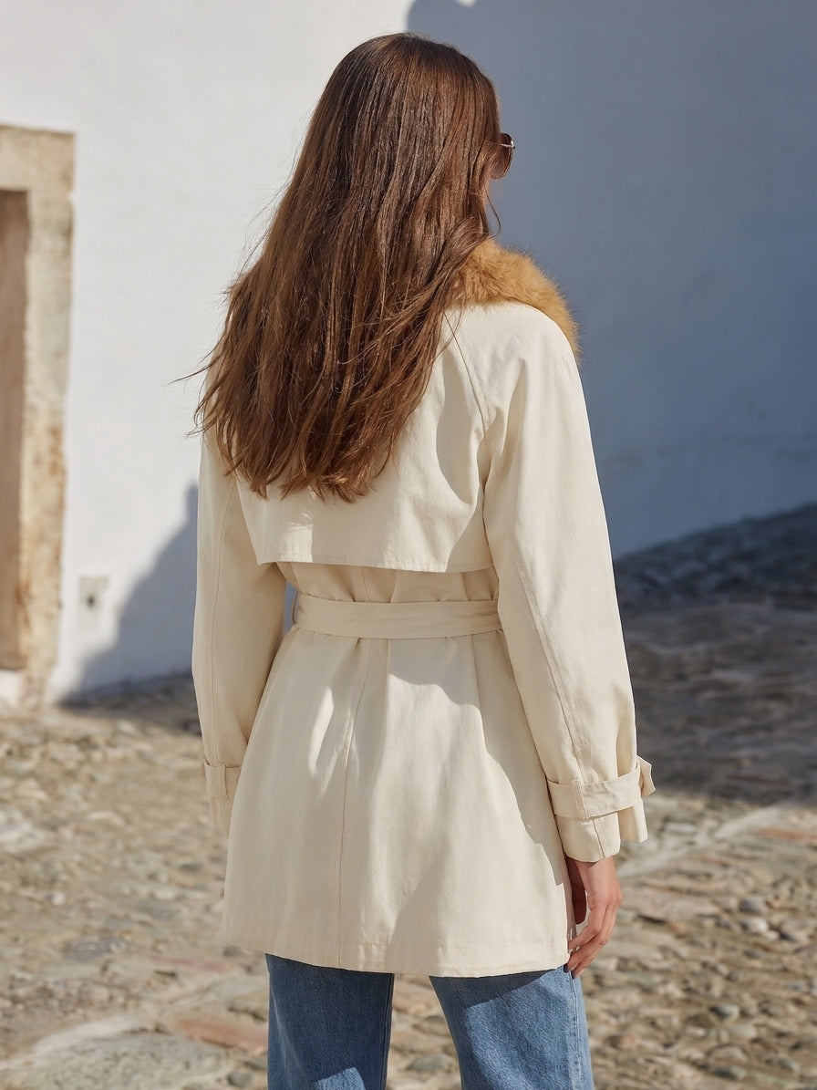 Old Money Casual Vibe Off‑White Faux Fur Collar Belted Mid‑Length Field Coat