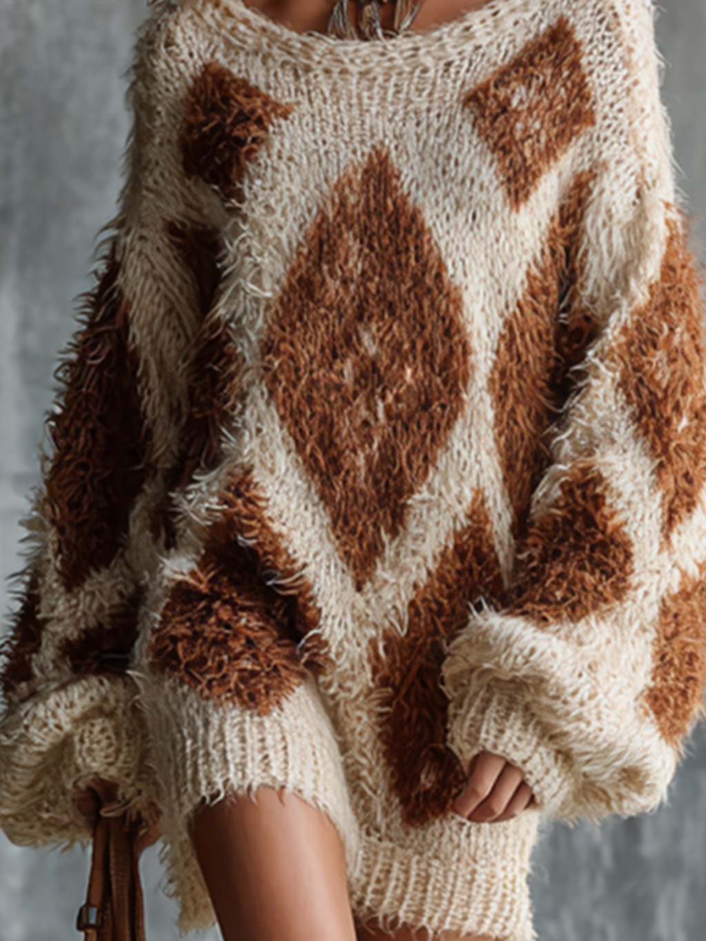 Chic Casual Off-White‑Brown Diamond Jacquard Boat‑Neck Dropped Shoulder Long-Sleeve Loose-Fit Fuzzy Knit Mini Dress