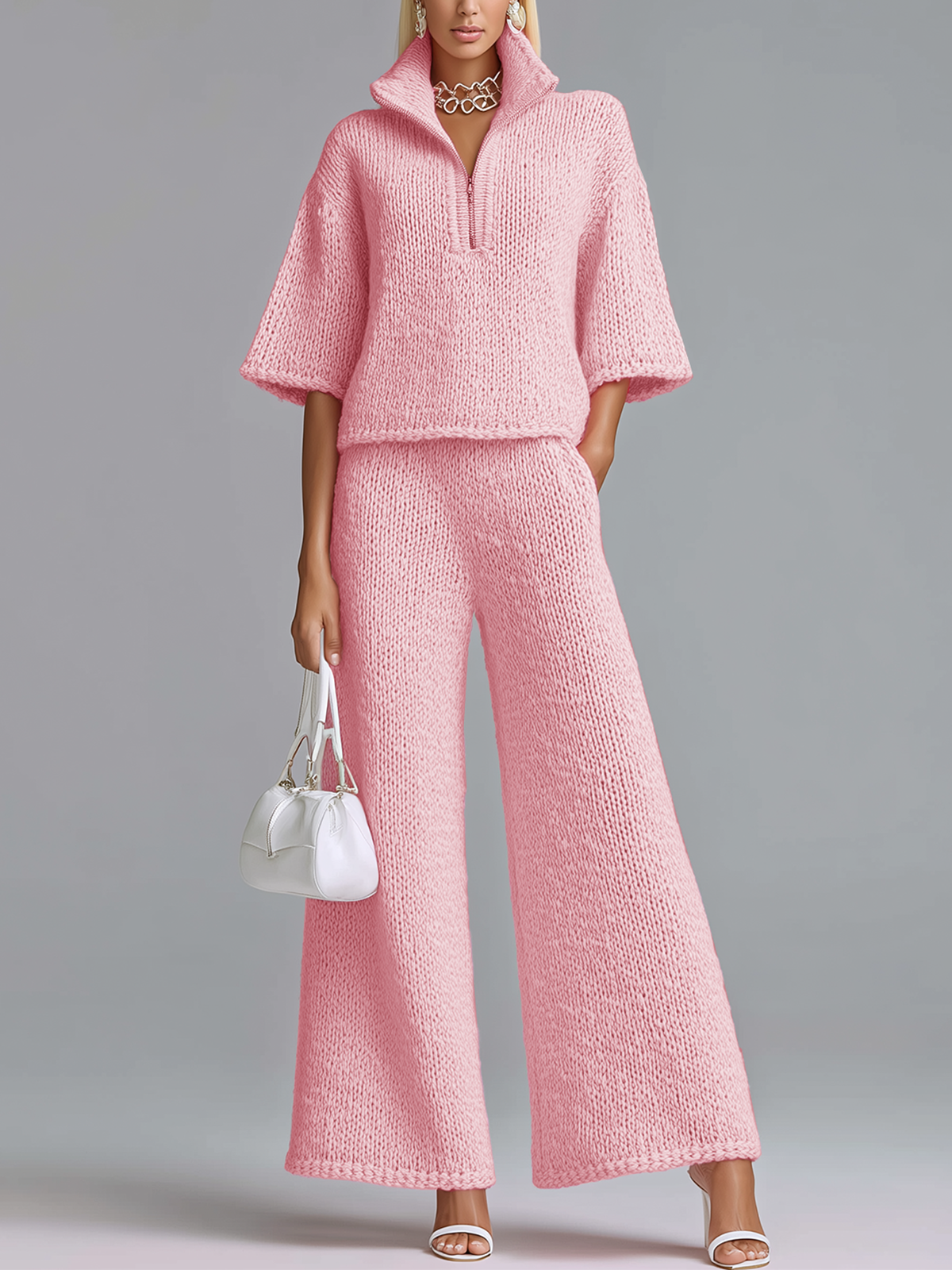 Stylish Elegant Barbie Pink Lapel Seven-Quarter Sleeve Half-Zip Loose Sweater And Wide-Leg Pants Two-Piece Set