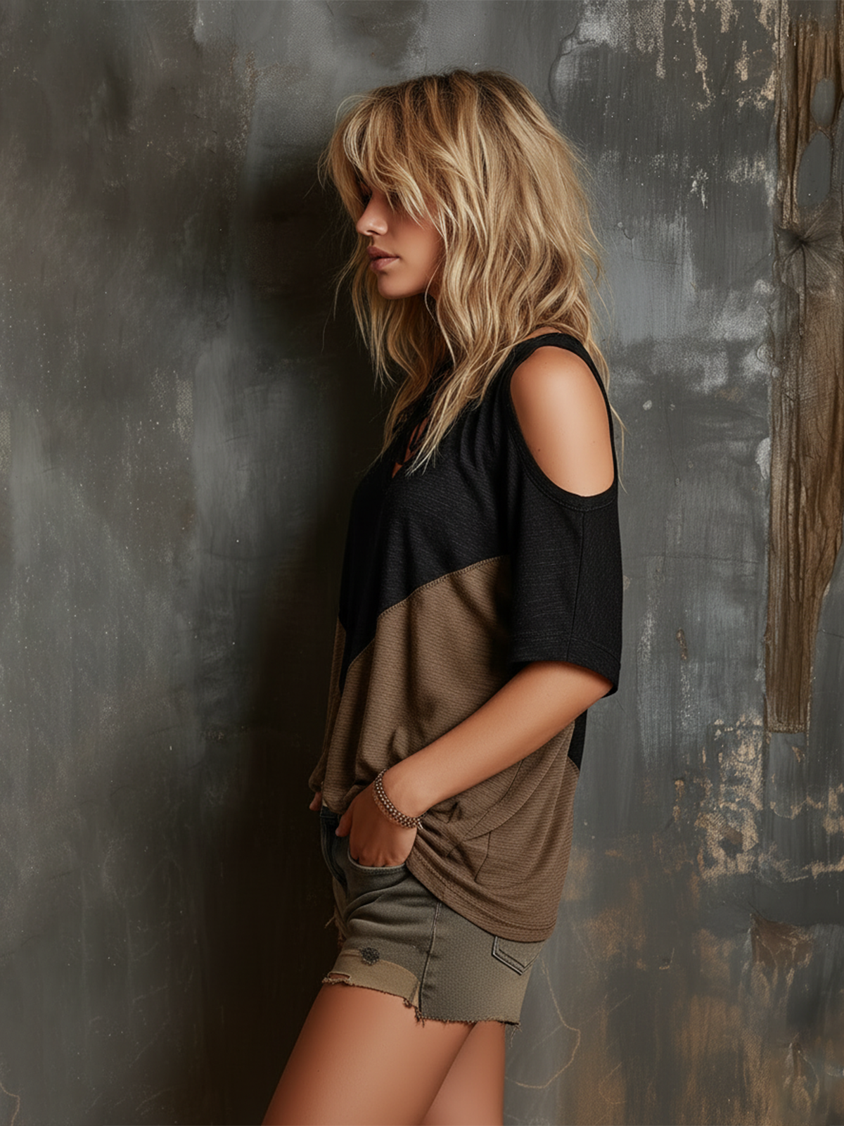 Chic Casual Black-Camel Colorblock V-Neck Cutout Shoulder Short-Sleeve Oversize Stretchy Slub Cotton Fabric T-Shirt Top