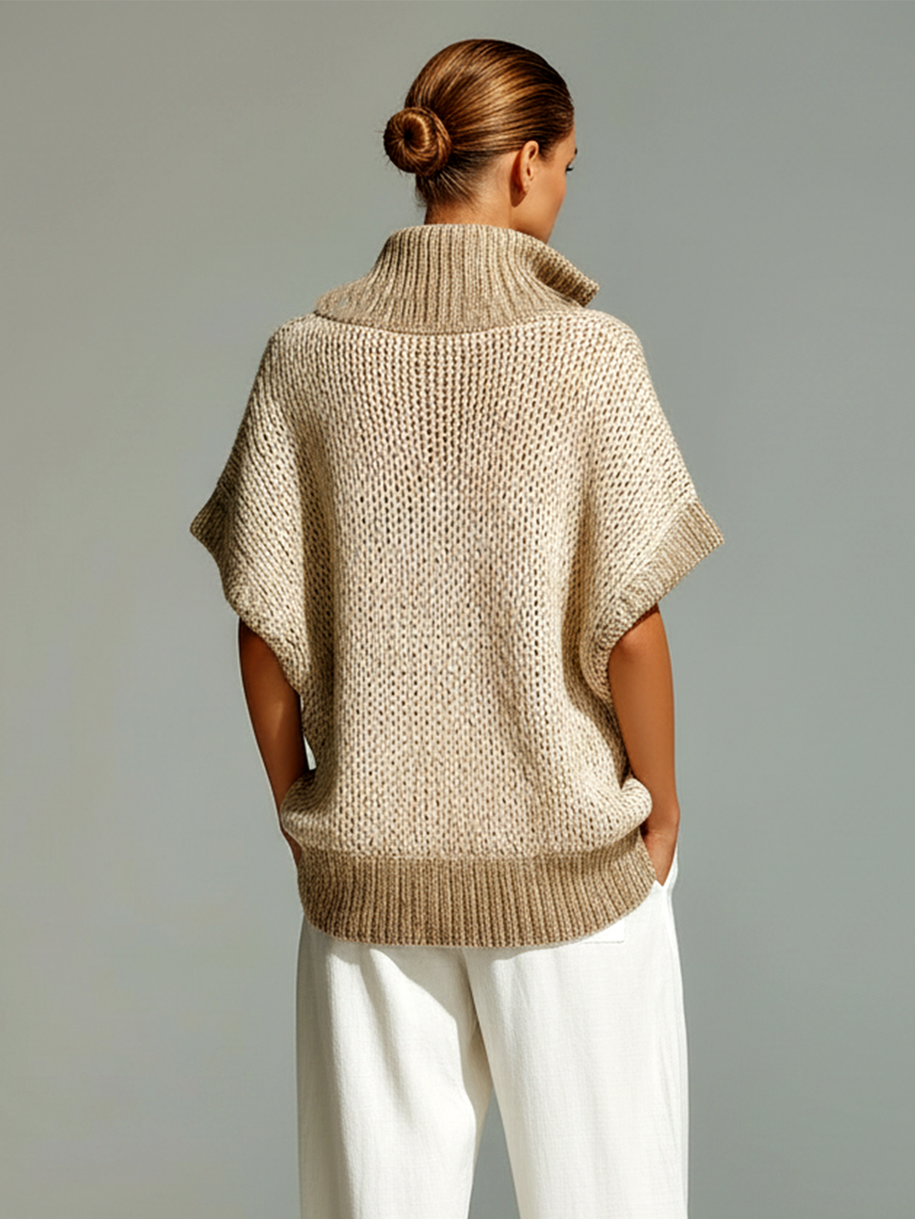 Fashion Casual Beige Stand-Collar Colorblock Loose Sleeveless Knit Vest
