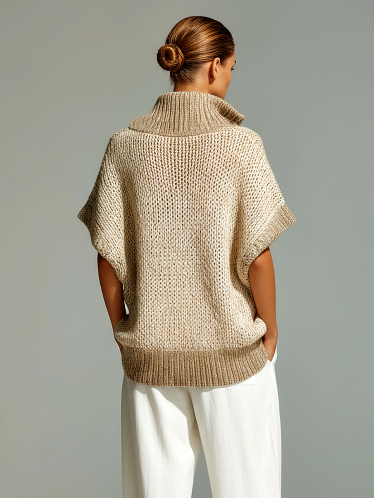 Fashion Casual Beige Stand-Collar Colorblock Loose Sleeveless Knit Vest