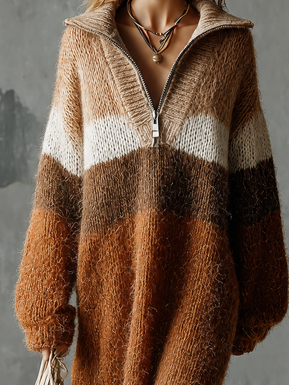 Chic Casual Earth‑Tone Colorblock Lapel Collar Half‑Zip Dropped Shoulder Long-Sleeve Loose-Fit Fuzzy Knit Mini Dress