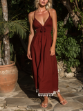Chic Elegant Jujube Red Spaghetti Straps V-Neck Sleeveless Tie-Waist Tassel A-Line Cotton Blend Maxi Dress
