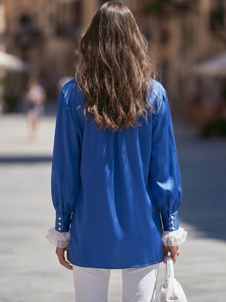 Elegant Retro Royal Blue Satin Ruffle Layered Shirt