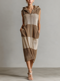 Chic Elegant Brown-Beige Stripe Hood Sleeveless Zipper-Placket Loose-Fit Knit Midi Dress