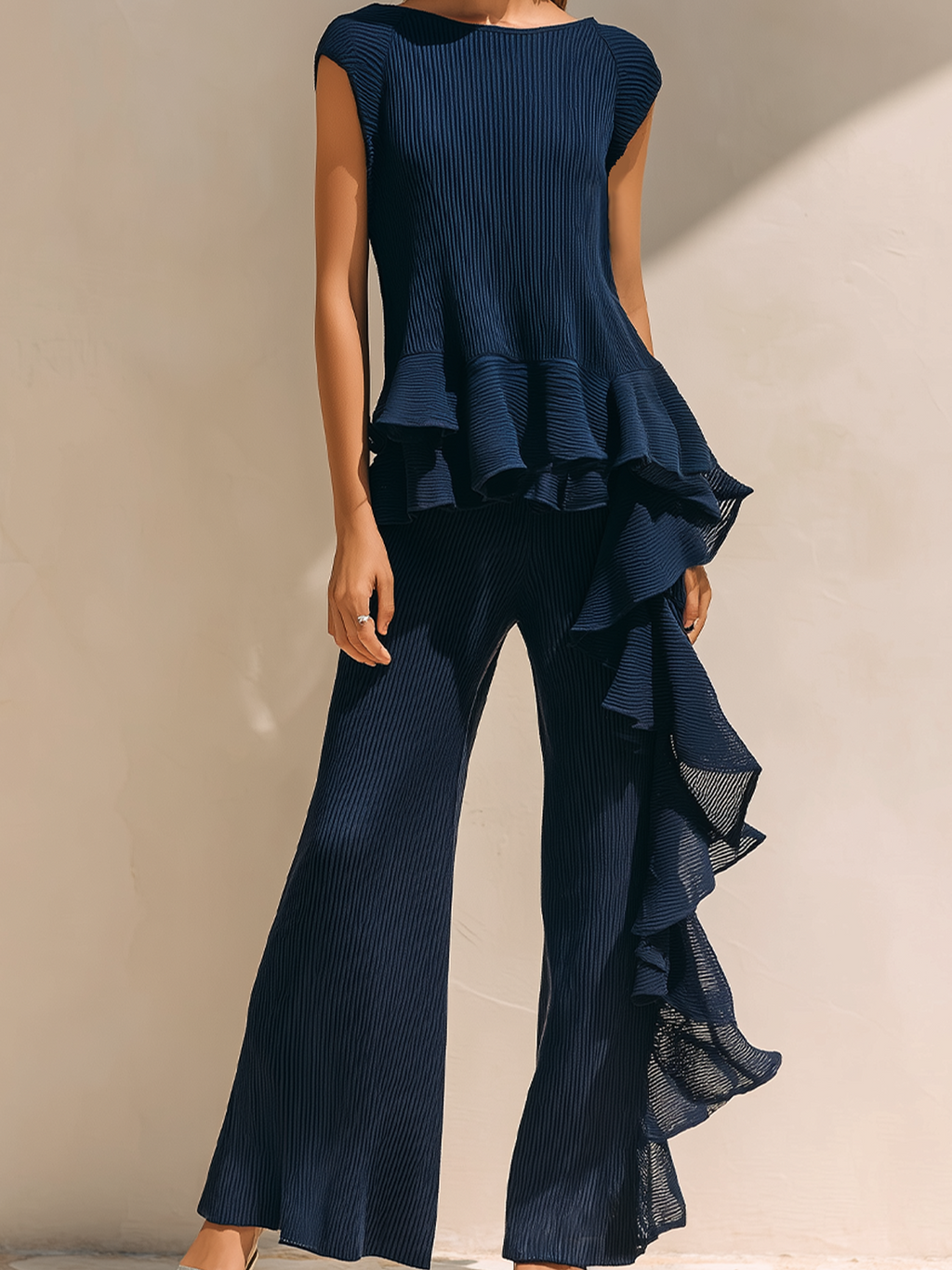 Chic Elegant Deep Blue Ruffles Round-Neck Cap Sleeve Loose Tops Wide-Leg Ruffles Pants Rib Knit Two-Piece Set