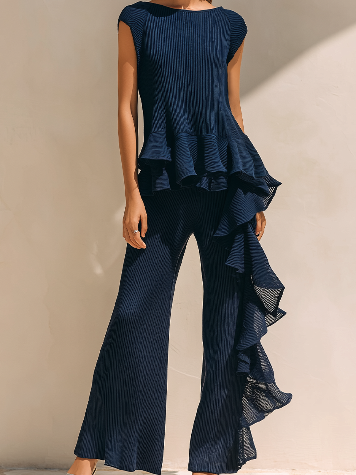 Chic Elegant Deep Blue Ruffles Round-Neck Cap Sleeve Loose Tops Wide-Leg Ruffles Pants Rib Knit Two-Piece Set