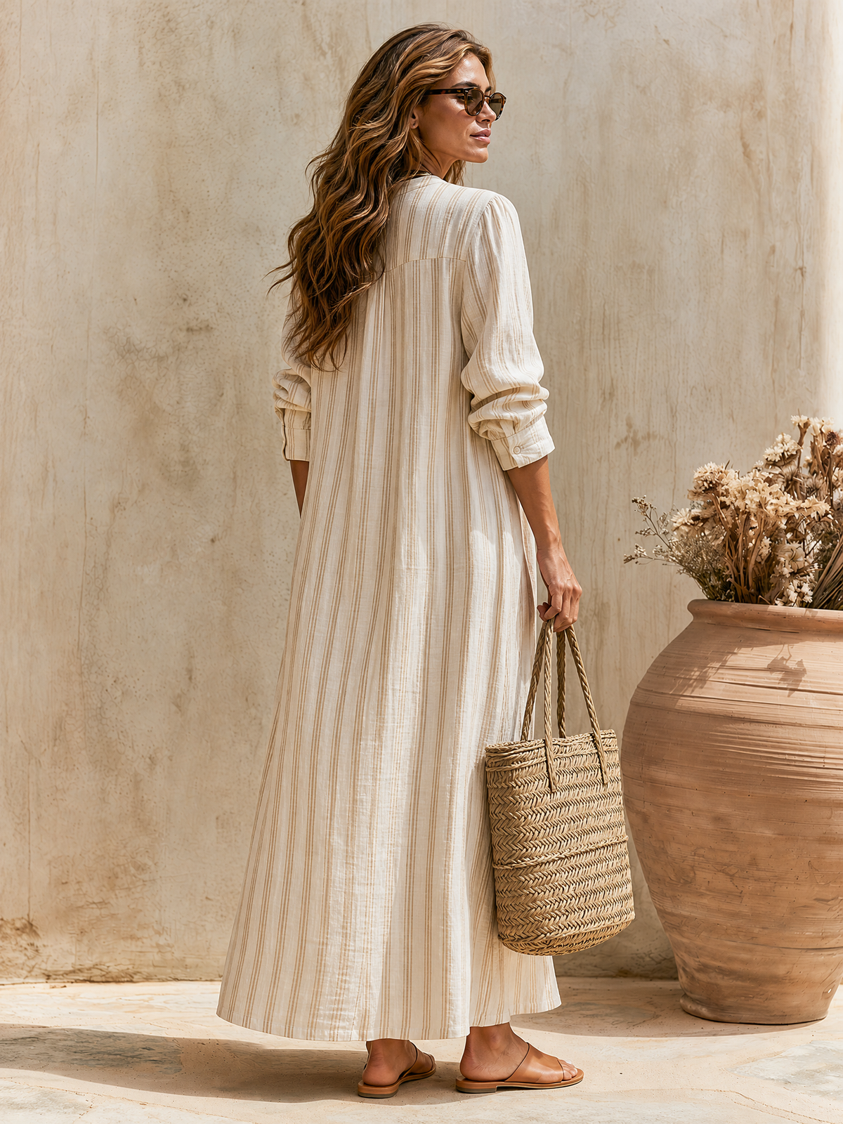 Old Money Vacation Striped Long-Sleeve V-Neck Cotton-Linen Maxi Dress