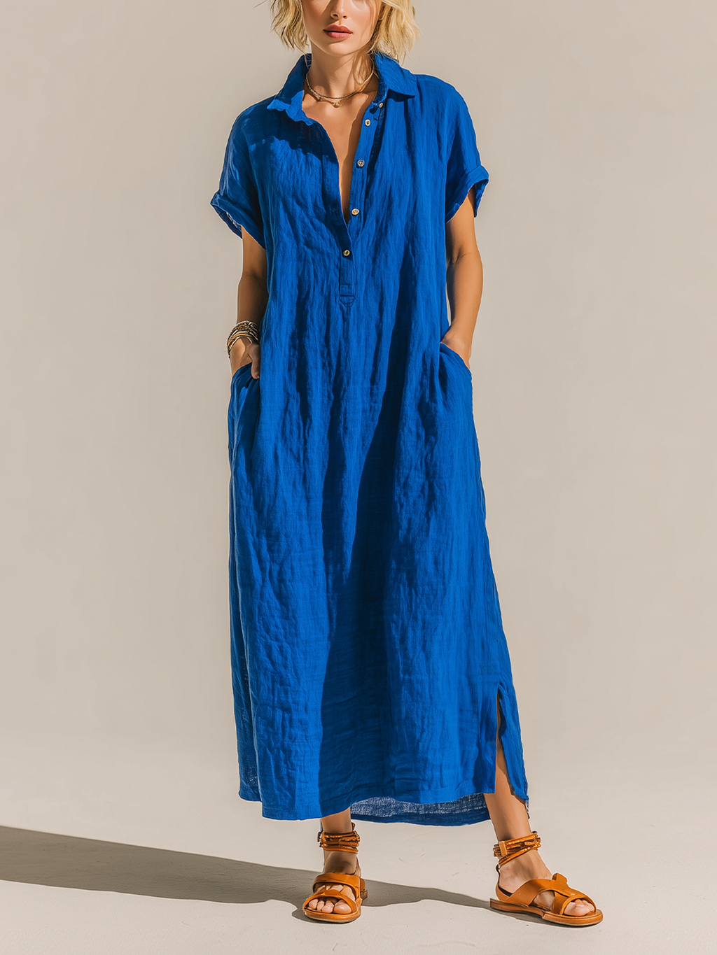 Stylish Elegant Blue Collared Button-Down Short-Sleeve Oversize Cotton-Linen Blend Maxi Dress