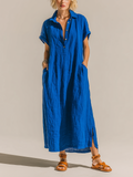 Stylish Elegant Blue Collared Button-Down Short-Sleeve Oversize Cotton-Linen Blend Maxi Dress