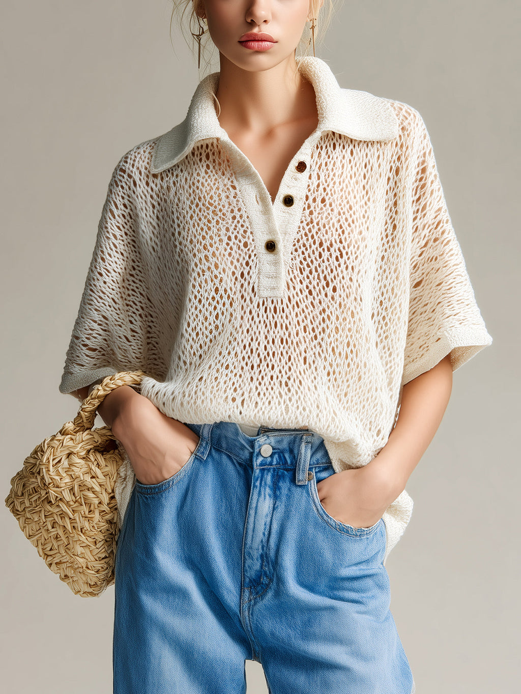 Chic Casual Beige Lapel Button-Up V-Neck Short-Sleeve Loose-Fit Knit Soft Breathable Sweater Top