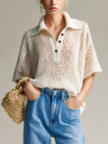 Chic Casual Beige Lapel Button-Up V-Neck Short-Sleeve Loose-Fit Knit Soft Breathable Sweater Top