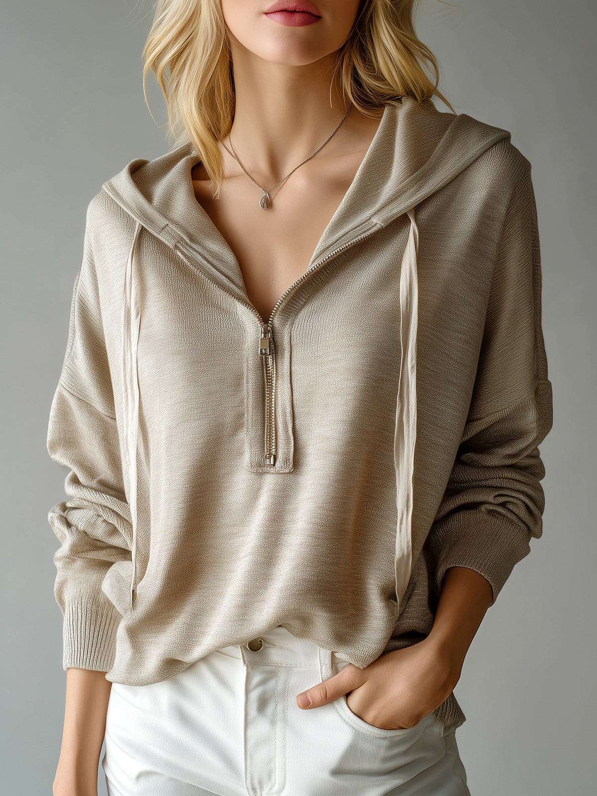 Chic Casual Beige Hooded Half-Zip Drawstring Oversized Knit Sweater