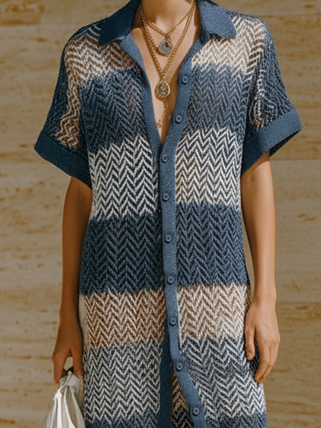 Chic Elegant Navy Blue-White Herringbone Lapel Collar Single-Breasted Short-Sleeve Loose-Fit Knit Maxi Dress