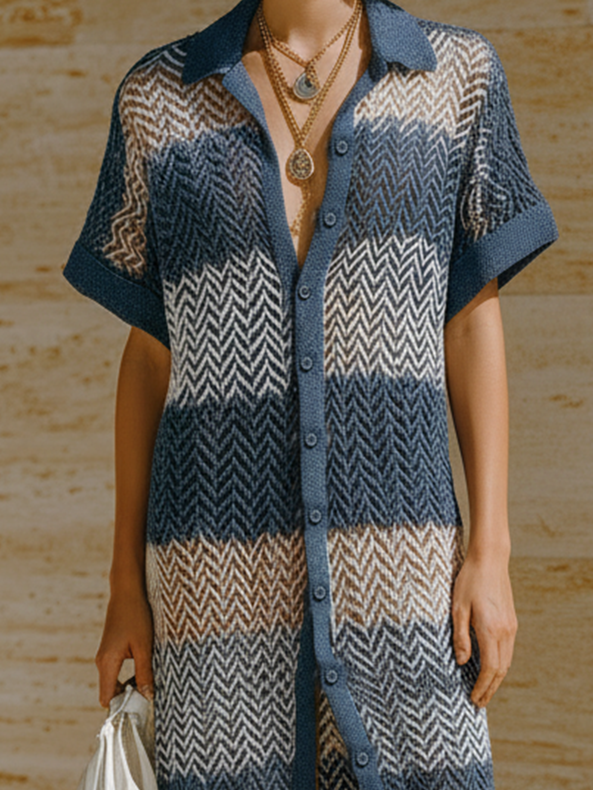 Chic Elegant Navy Blue-White Herringbone Lapel Collar Single-Breasted Short-Sleeve Loose-Fit Knit Maxi Dress