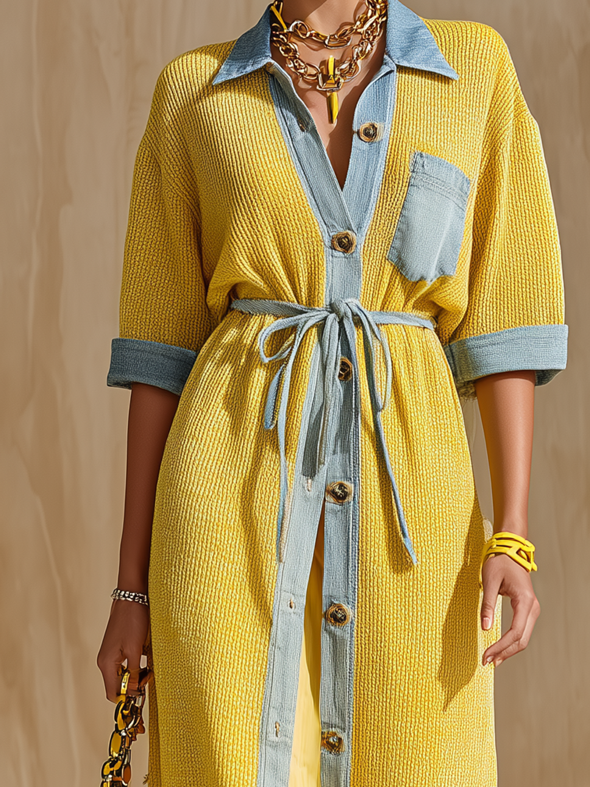 Chic Elegant Yellow Patchwork Denim Lapel Collar Button-Front Loose-Fit Drawstring Waist Loose-Fit Knit Maxi Dress
