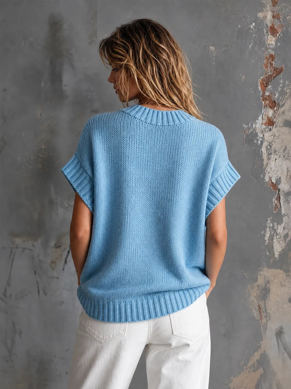Chic Casual Light Blue Round-Neck Red Heart Jacquard Short-Sleeve Loose-Fit Knit Sweater Top