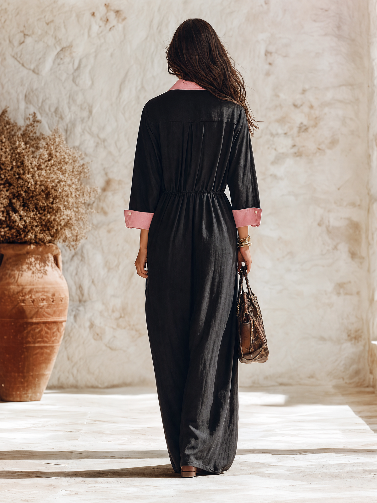 Resort-style Collared Long-sleeved Color-blocked Maxi Dress