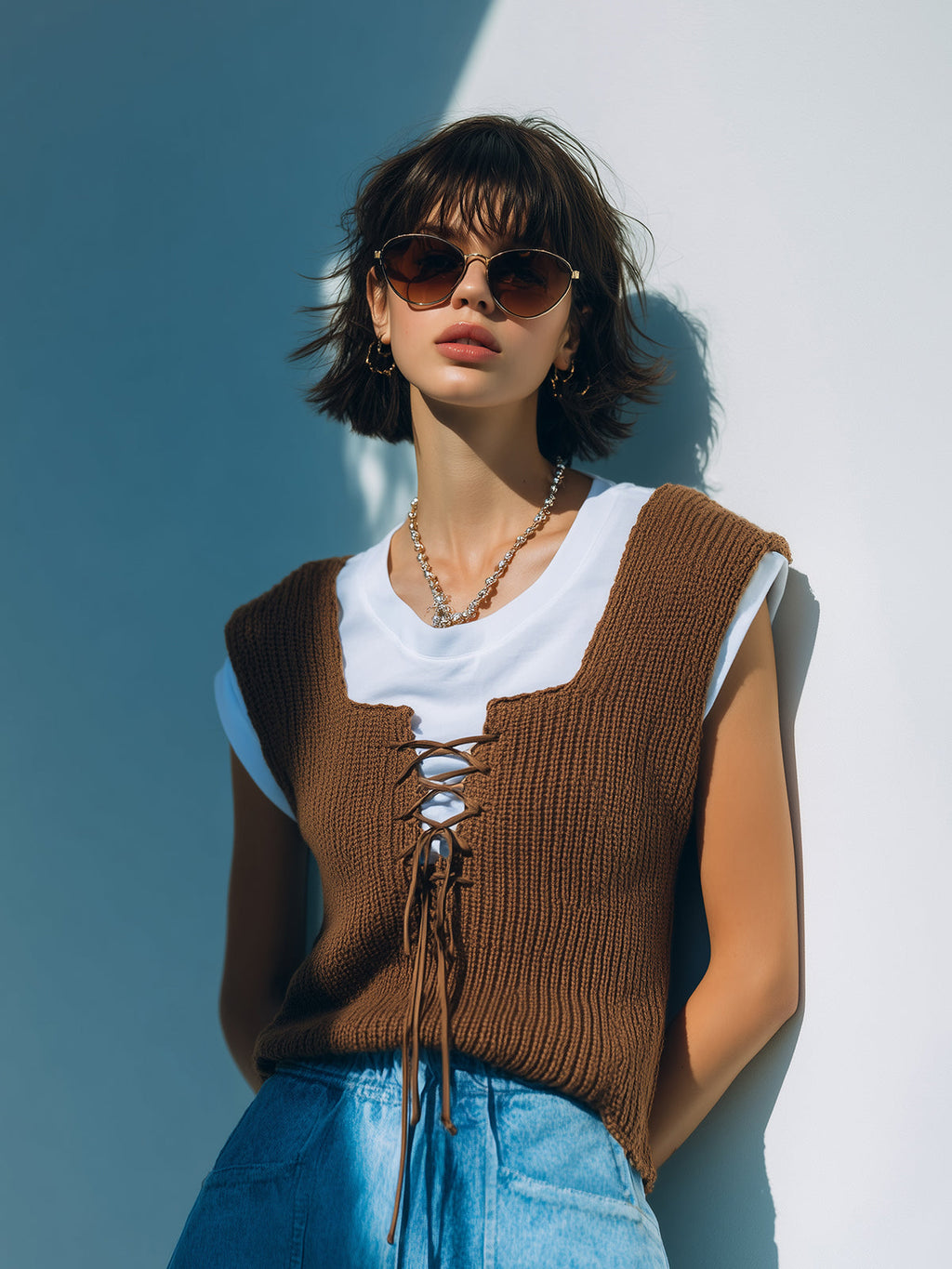 Chic Casual Brown Square Neck Lace-Up Details Loose-Fit Knit Vest