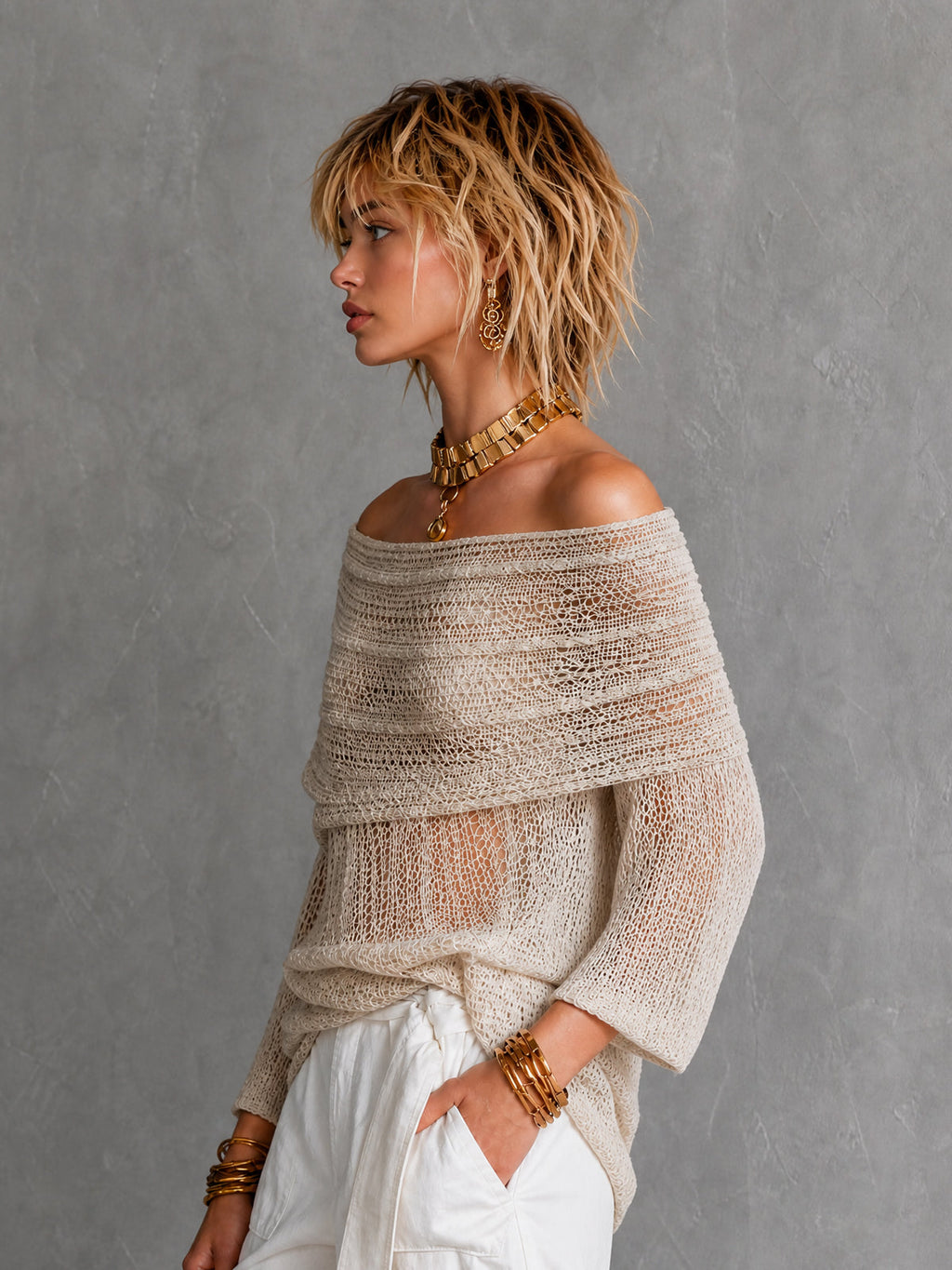 Chic Beige Off Shoulder Three-Quarter Sleeves Loose Fit Mesh Knit Top