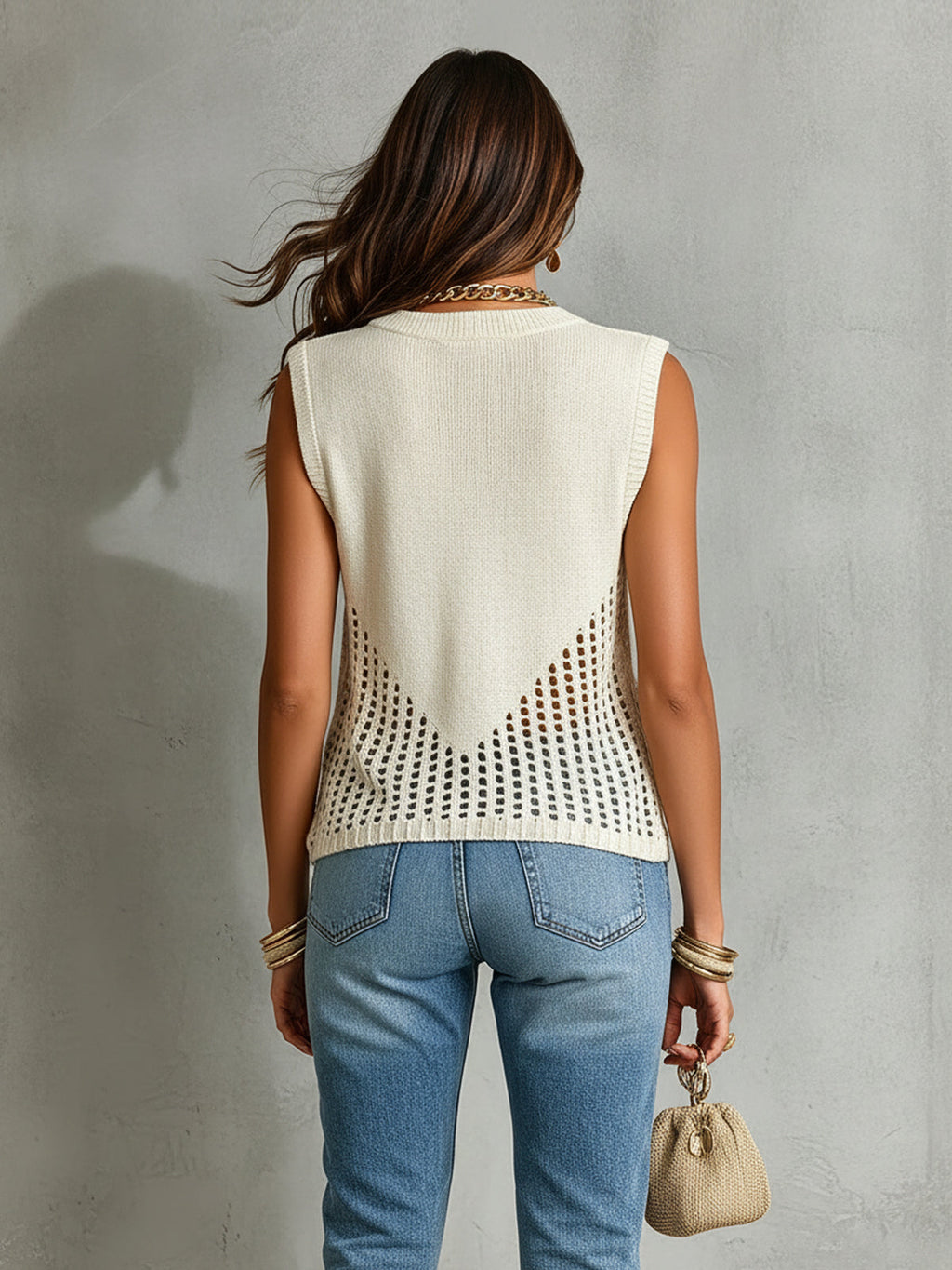 Chic Elegant Beige Round-Neck Sleeveless Hollow-Out Detail Loose-Fit Ribbed Knit Vest Top