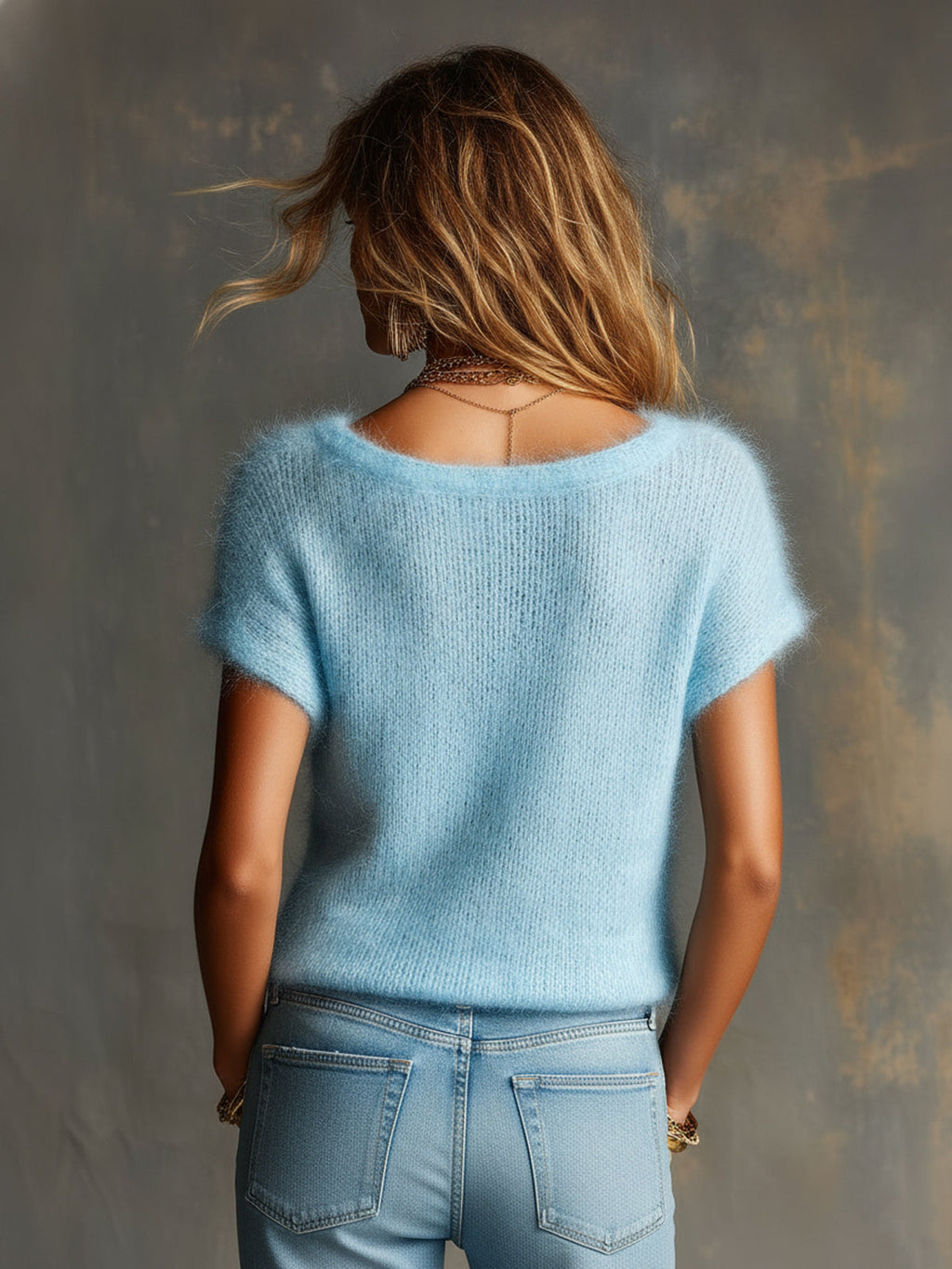 Chic Elegant Blue Round-Neck Short-Sleeve Button-Detail Loose-Fit Soft Mohair Blend Knit Sweater Top