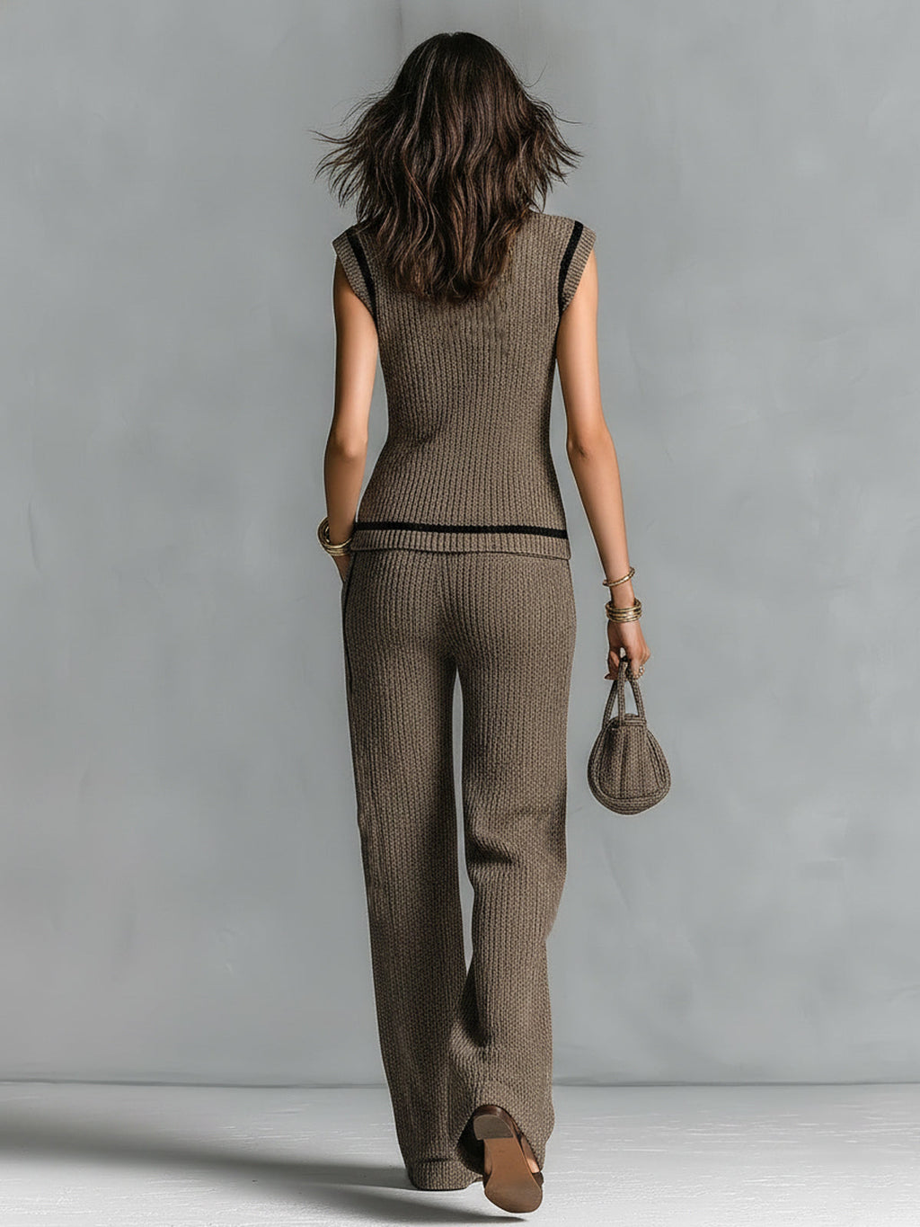 Chic Elegant Brown V-Neck Single-Breasted Vest Elastic-Waist Wide-Leg Pants Black Stripe Detail Slim-Fit Ribbed Knit Two-Piece Set