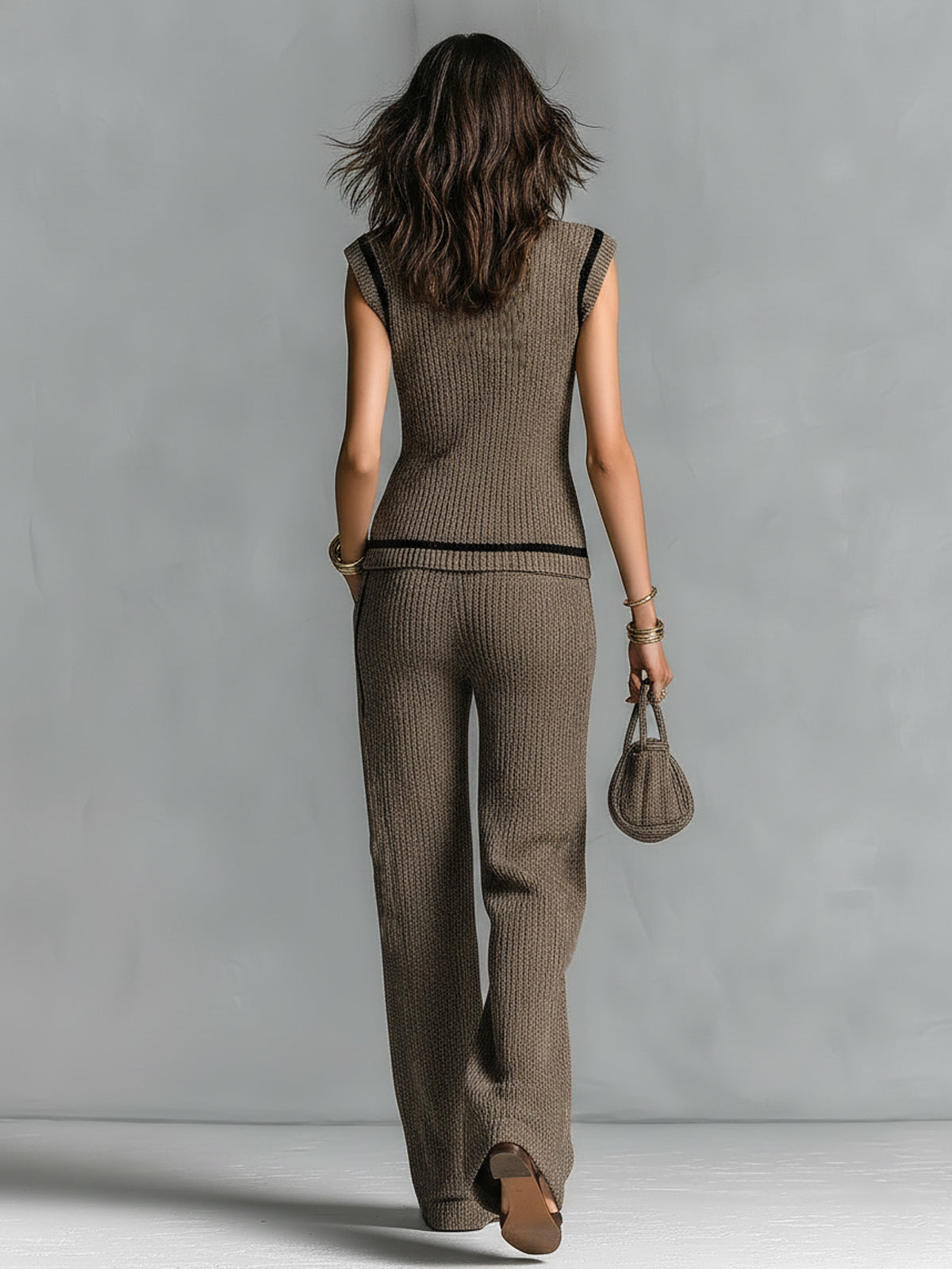 Chic Elegant Brown V-Neck Single-Breasted Vest Elastic-Waist Wide-Leg Pants Black Stripe Detail Slim-Fit Ribbed Knit Two-Piece Set