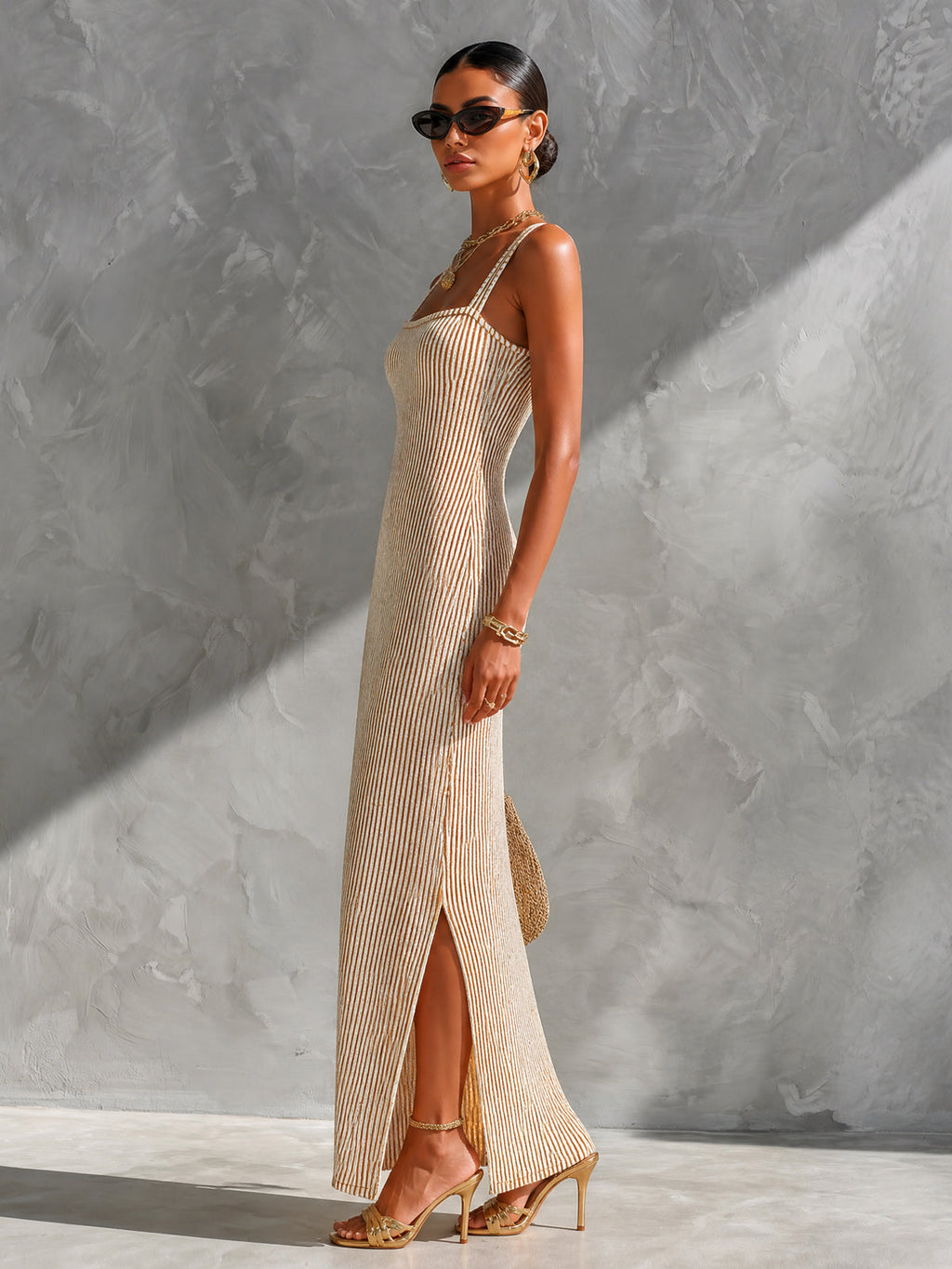 Chic Elegant Camel Stripes Cotton Blend Spaghetti Straps Square-Neck Side-Slit Detail Slim-Fit Maxi Dress