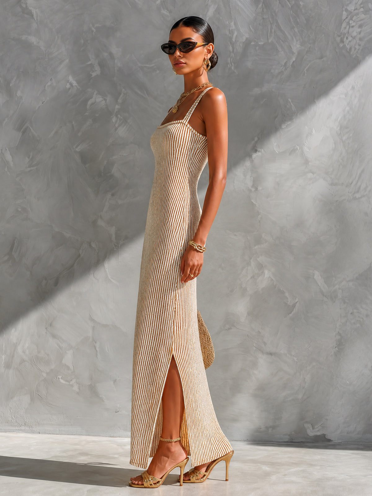 Chic Elegant Camel Stripes Cotton Blend Spaghetti Straps Square-Neck Side-Slit Detail Slim-Fit Maxi Dress