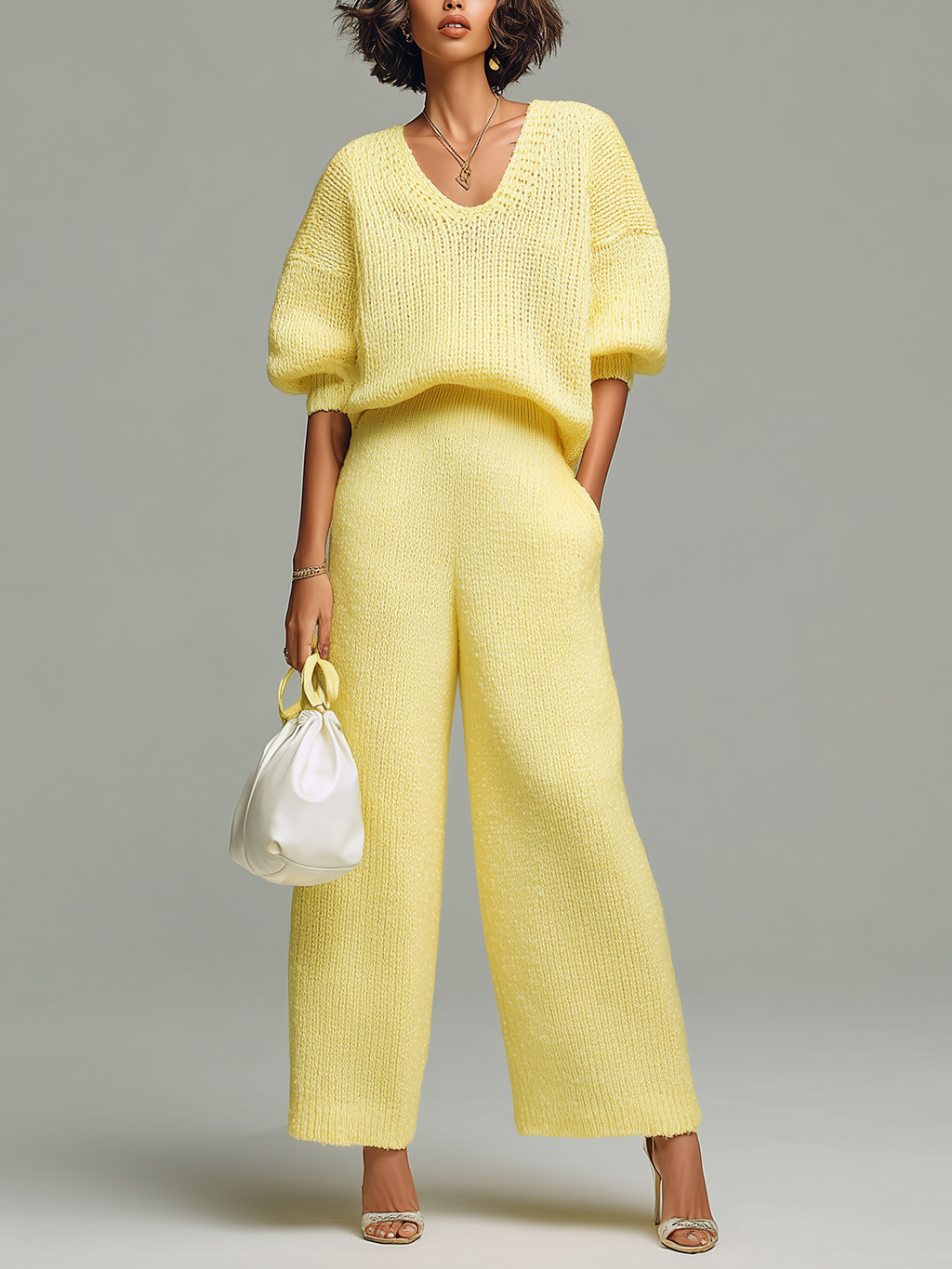 Chic Casual Yellow V-Neck Short-Sleeve Loose-Fit Top Wide-Leg Pants Ribbed Knit Two-Piece Set