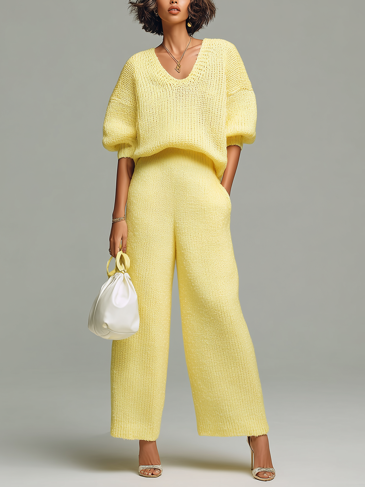 Chic Casual Yellow V-Neck Short-Sleeve Loose-Fit Top Wide-Leg Pants Ribbed Knit Two-Piece Set