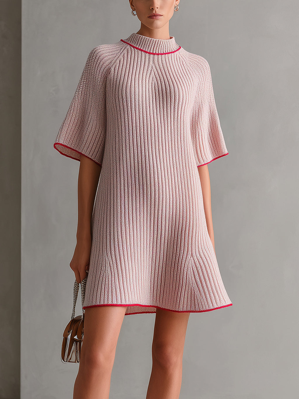 Chic Elegant Pink Mock Neck Contrast Trim Detail Short-Sleeve Loose-Fit A-Line Ribbed Knit Mini Dress