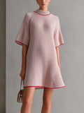 Chic Elegant Pink Mock Neck Contrast Trim Detail Short-Sleeve Loose-Fit A-Line Ribbed Knit Mini Dress