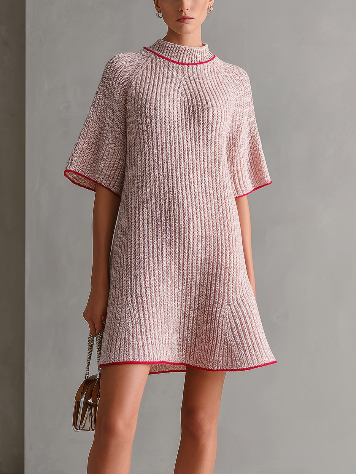 Chic Elegant Pink Mock Neck Contrast Trim Detail Short-Sleeve Loose-Fit A-Line Ribbed Knit Mini Dress