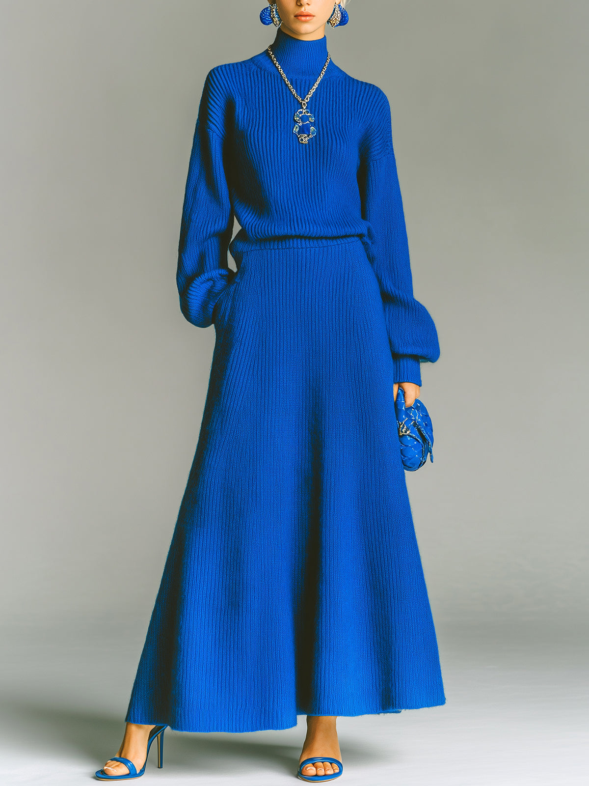 Chic Elegant Turtleneck Long-Sleeved Sweater Elastic Waist Maxi Skirt Knit Warm Two-Piece Set