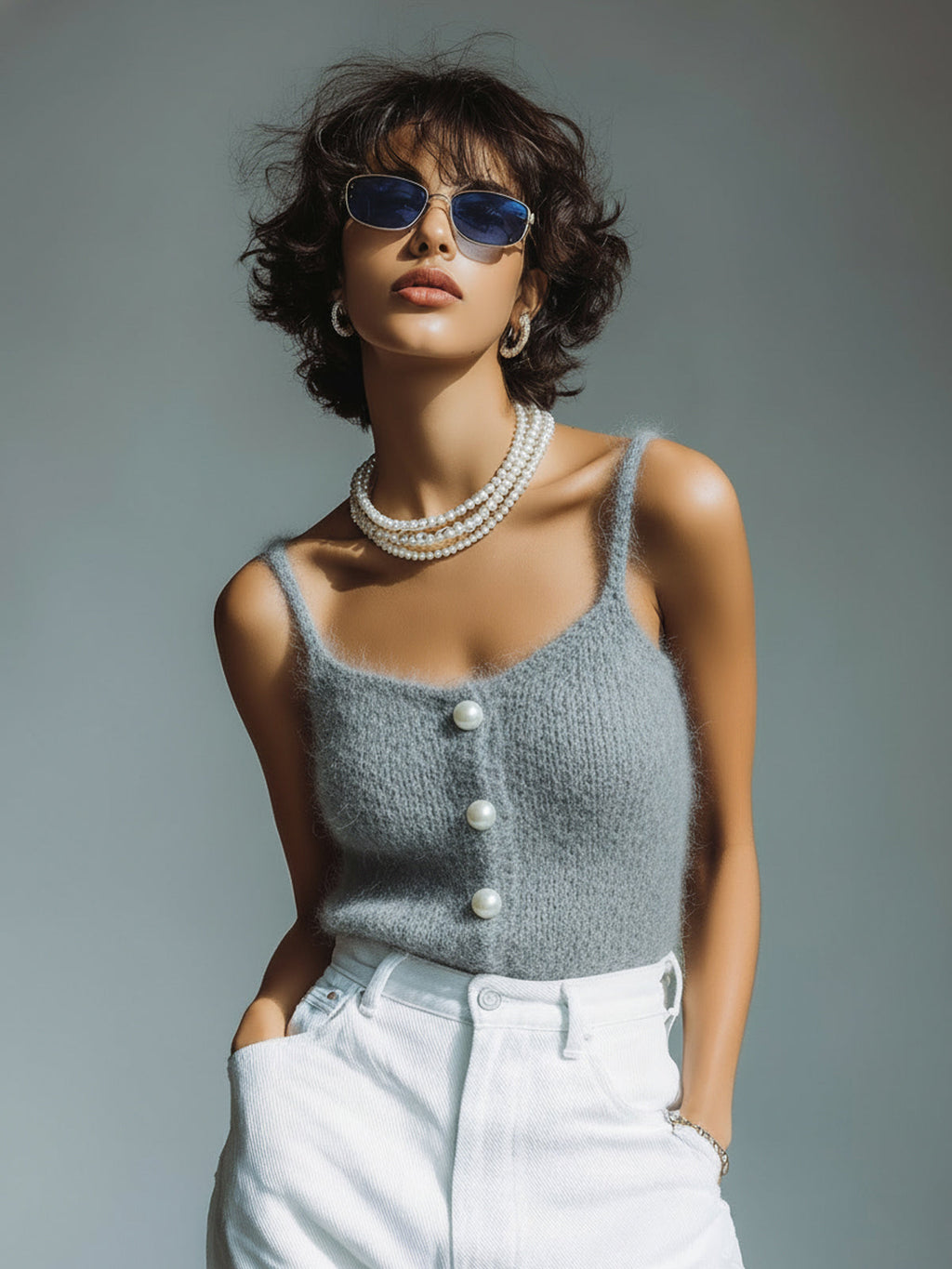 Chic Vintage Square Neck Pearl Button-Front Thin Strap Slim-Fit Knit Camisole