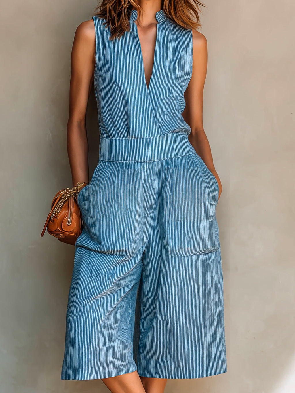 Chic Elegant Blue Stripes Cotton Linen Blend Stand-Collar V-Neck Sleeveless Patch Pockets Loose-Fit Cropped Jumpsuit
