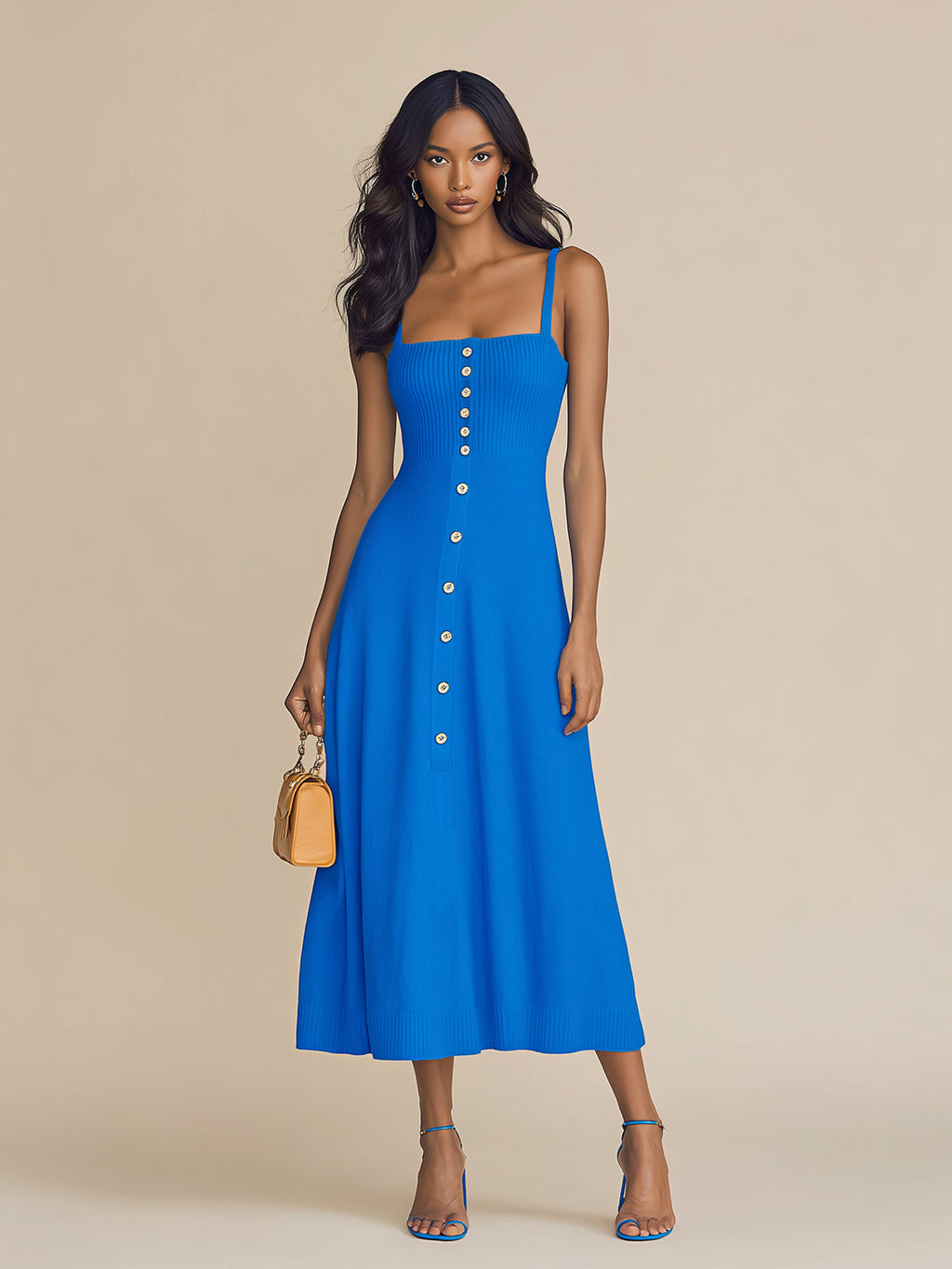 Chic Elegant Royal Blue Thin Straps Sleeveless Button-Front Slim-Fit Ribbed Knit A-Line Midi Dress