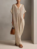 Chic Elegant Beige Zipper-Up Ribbed V-Neck Short-Sleeve Oversize Hollow Out Knit Maxi Dress
