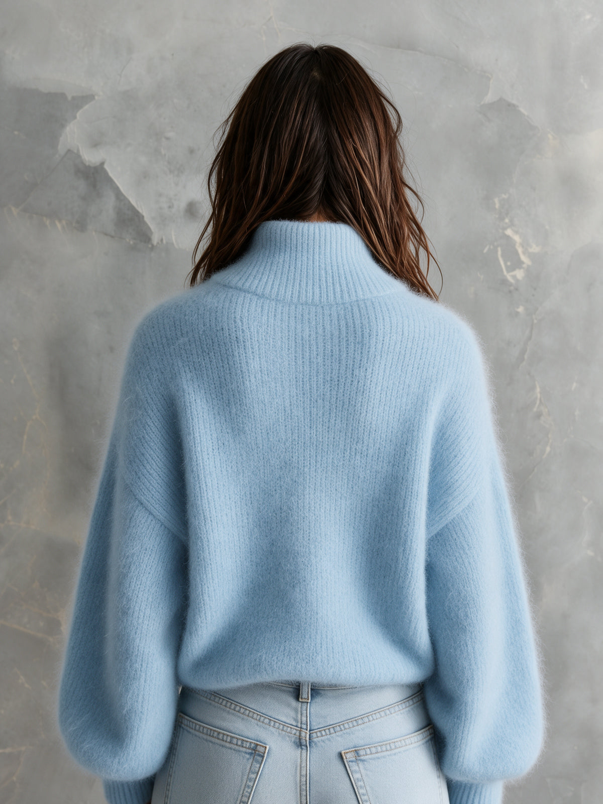 Chic Elegant Blue Zipper-Up Turtleneck Dropped-Shoulder Long-Lantern-Sleeve Loose-Fit Mohair Blend Knit Sweater