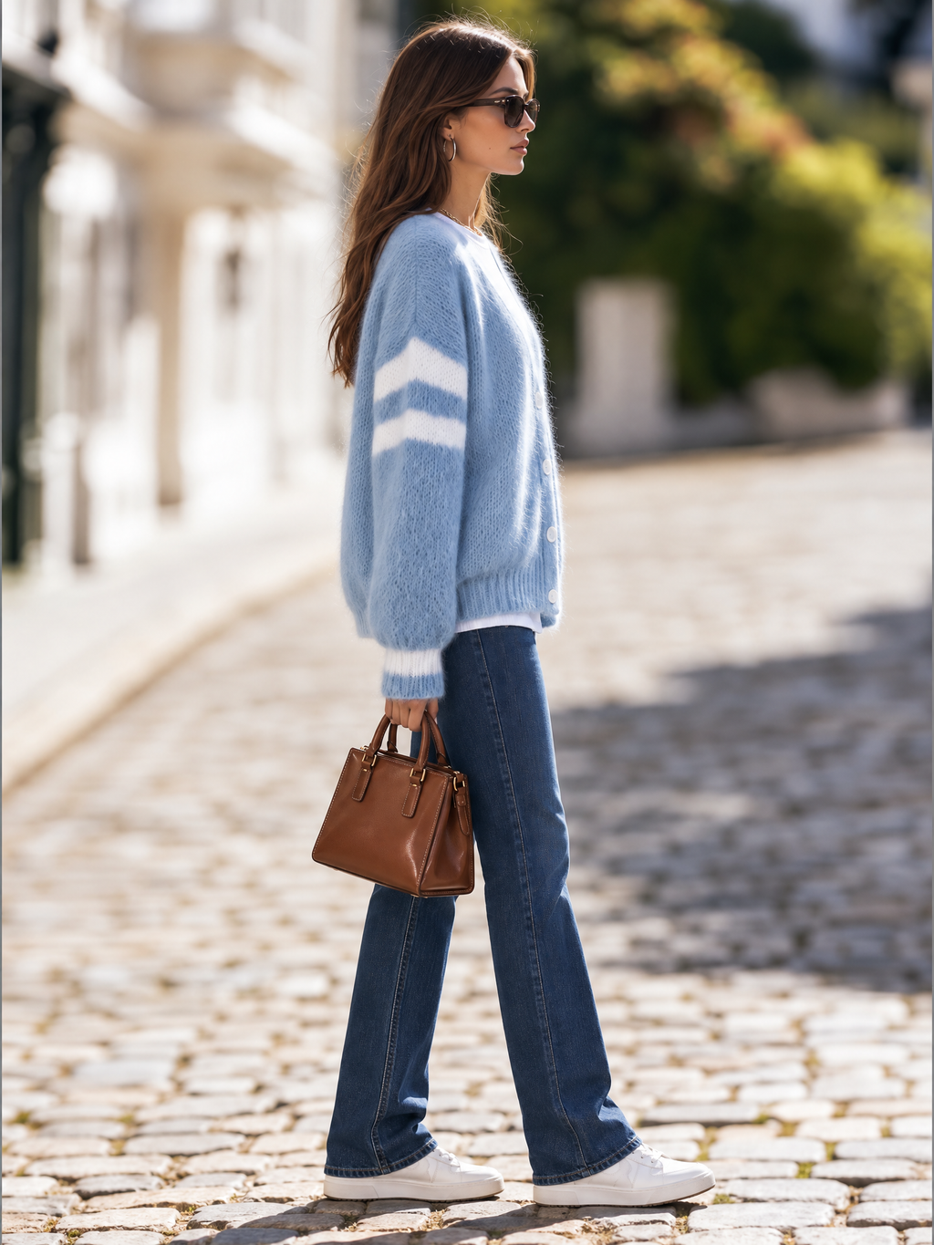 Vacation-style V-neck Long-sleeve Striped Knit Cardigan