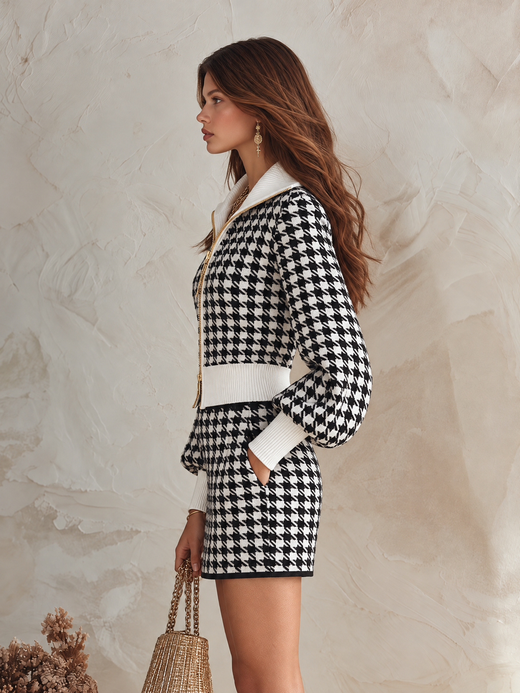 Resort-style Collared Long-sleeved Top And Houndstooth Skirt Set