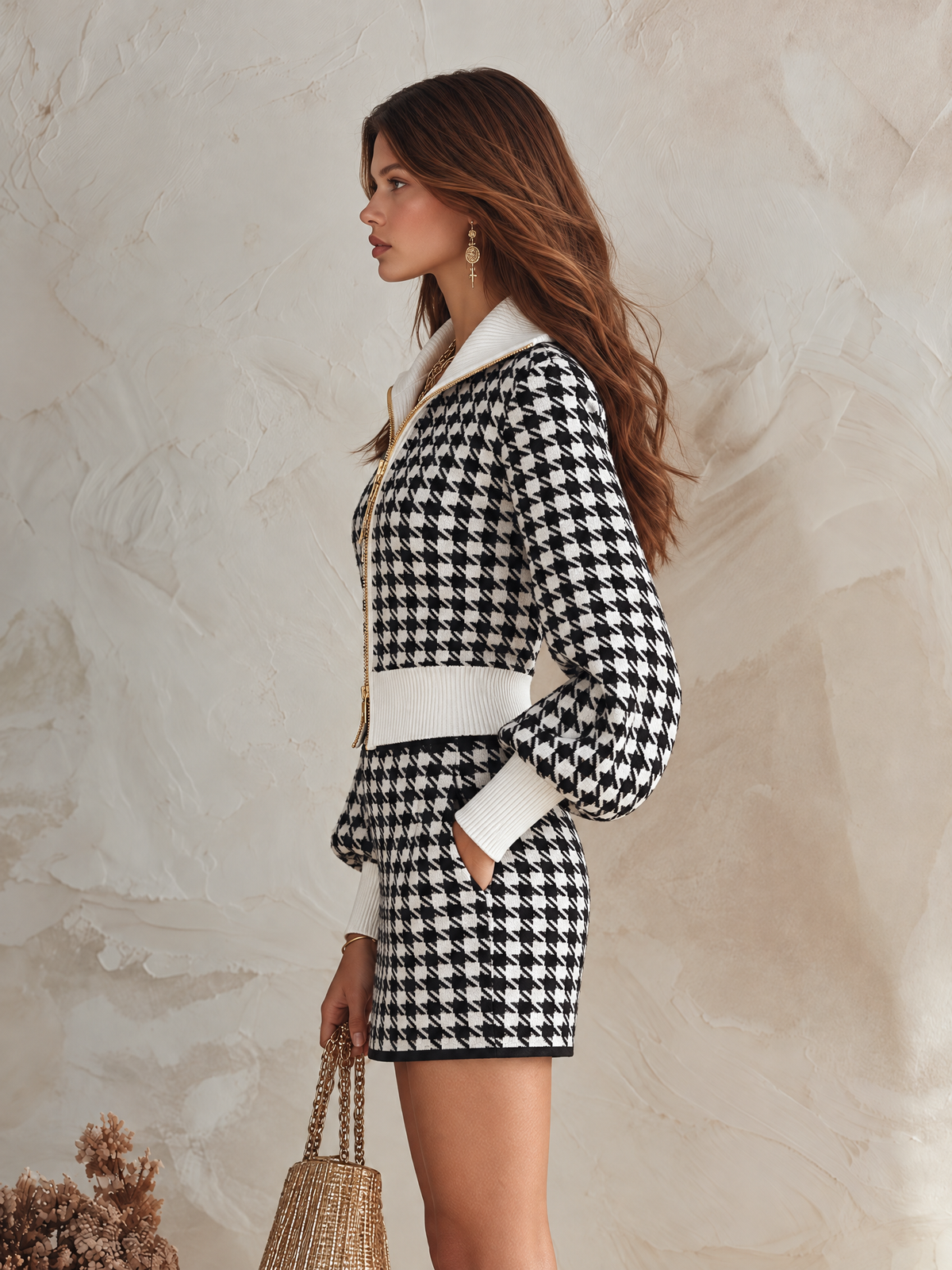Resort-style Collared Long-sleeved Top And Houndstooth Skirt Set