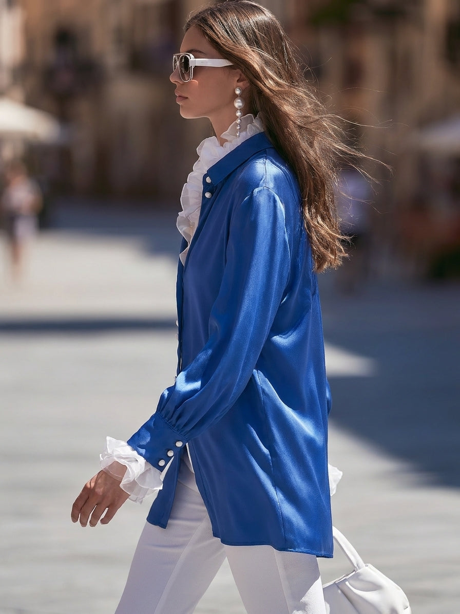 Elegant Retro Royal Blue Satin Ruffle Layered Shirt