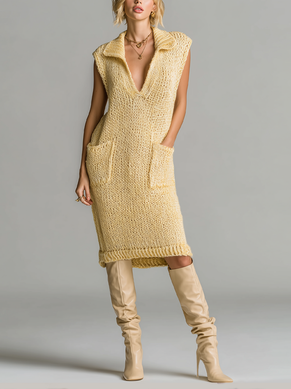 Stylish Elegant Yellow Lapel Collar V-Neck Sleeveless Patch Pockets Loose Knit Midi Dress